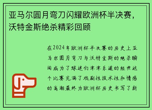 亚马尔圆月弯刀闪耀欧洲杯半决赛，沃特金斯绝杀精彩回顾