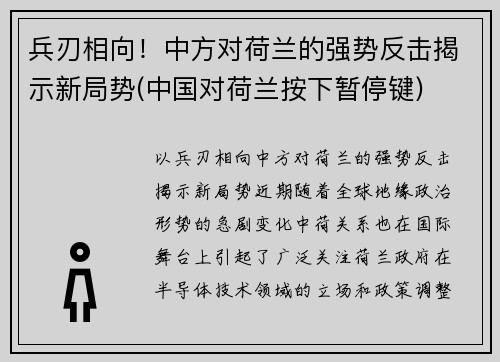 兵刃相向！中方对荷兰的强势反击揭示新局势(中国对荷兰按下暂停键)