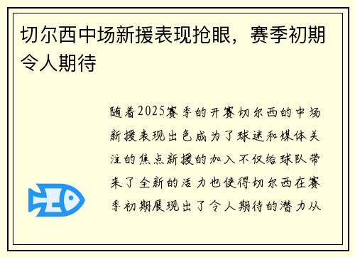 切尔西中场新援表现抢眼，赛季初期令人期待