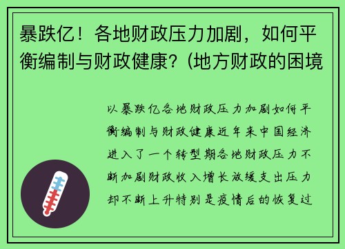 暴跌亿！各地财政压力加剧，如何平衡编制与财政健康？(地方财政的困境)